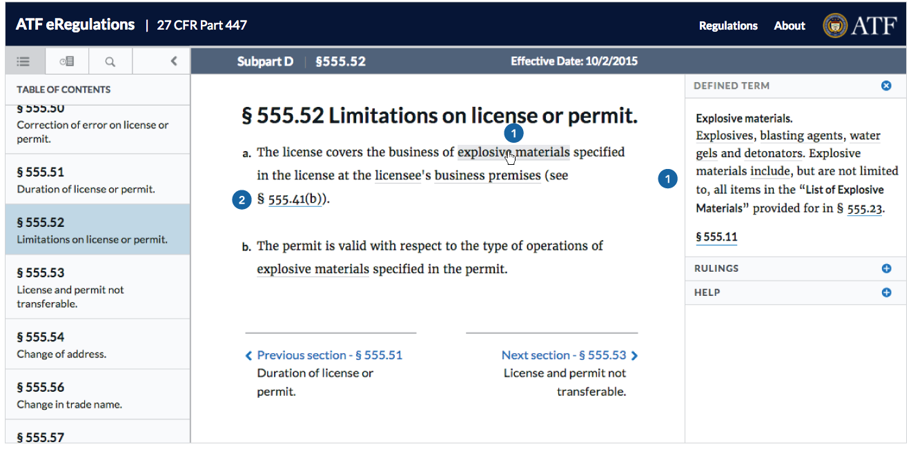 eRegulations defined terms, linked references, and official interpretation screenshot